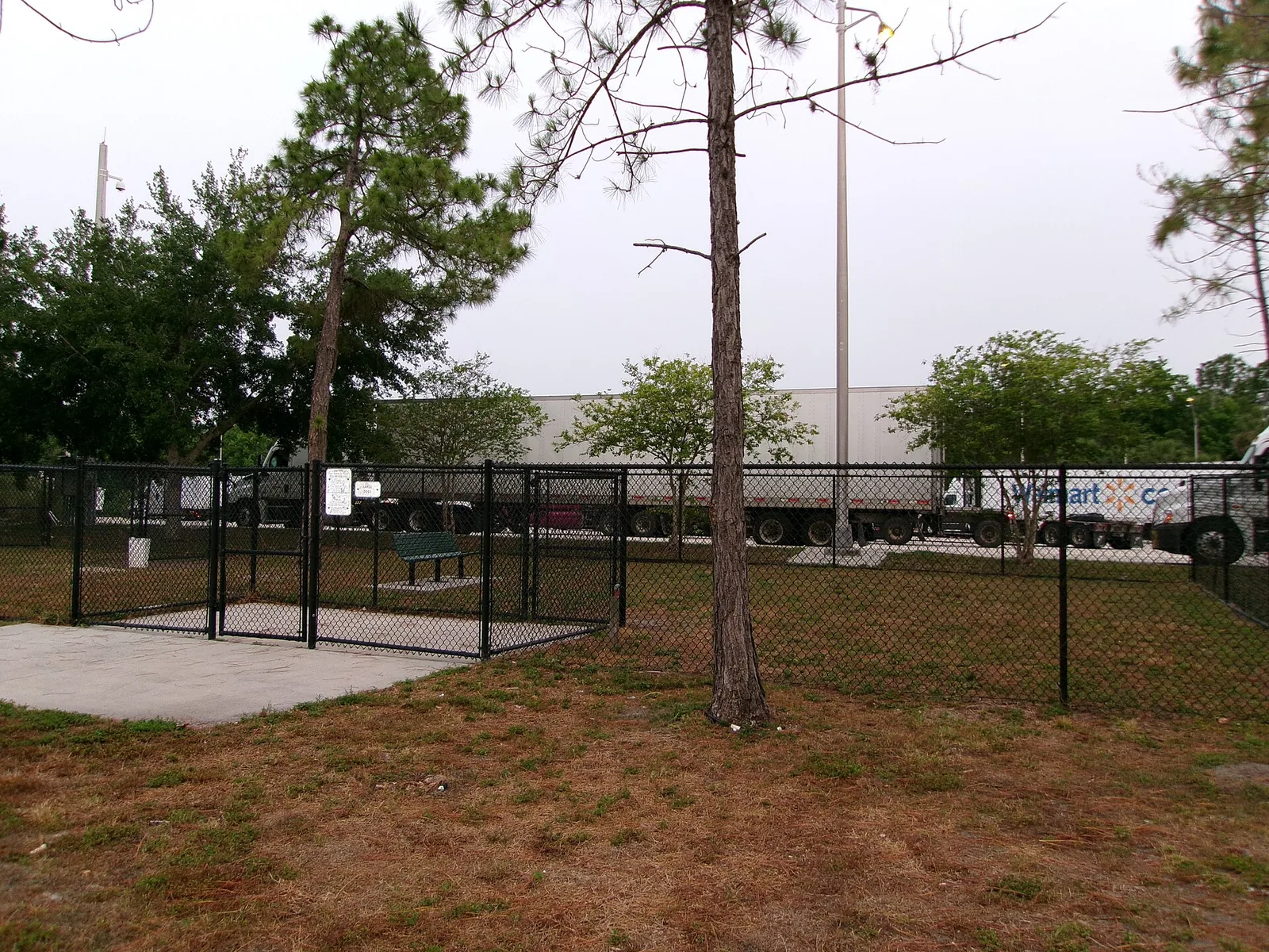 A fenced dog park with a bench under pine trees at the southbound I-75 rest area in Pasco County, Florida, with trucks parked behind it